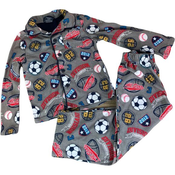 Faded Glory Boys 2 Pc Set Pajamas Size 6-7 Gray Sports Long Sleeve Button Up - Picture 1 of 12